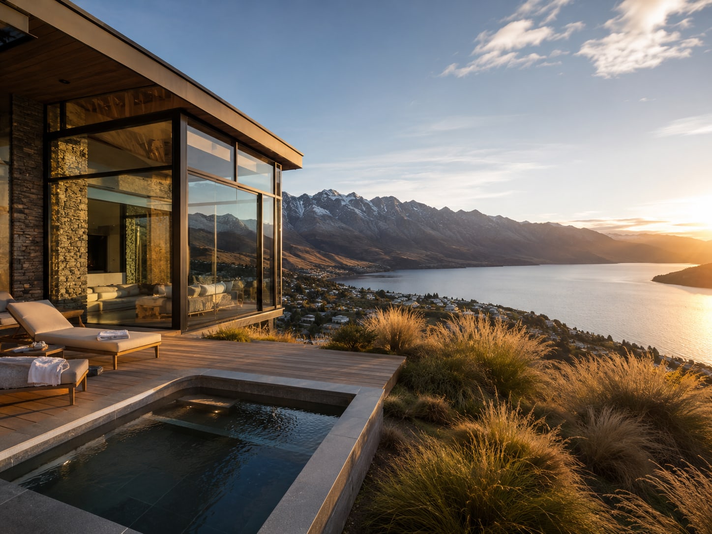 A glass-walled lakeside villa overlooking mountains at golden hour